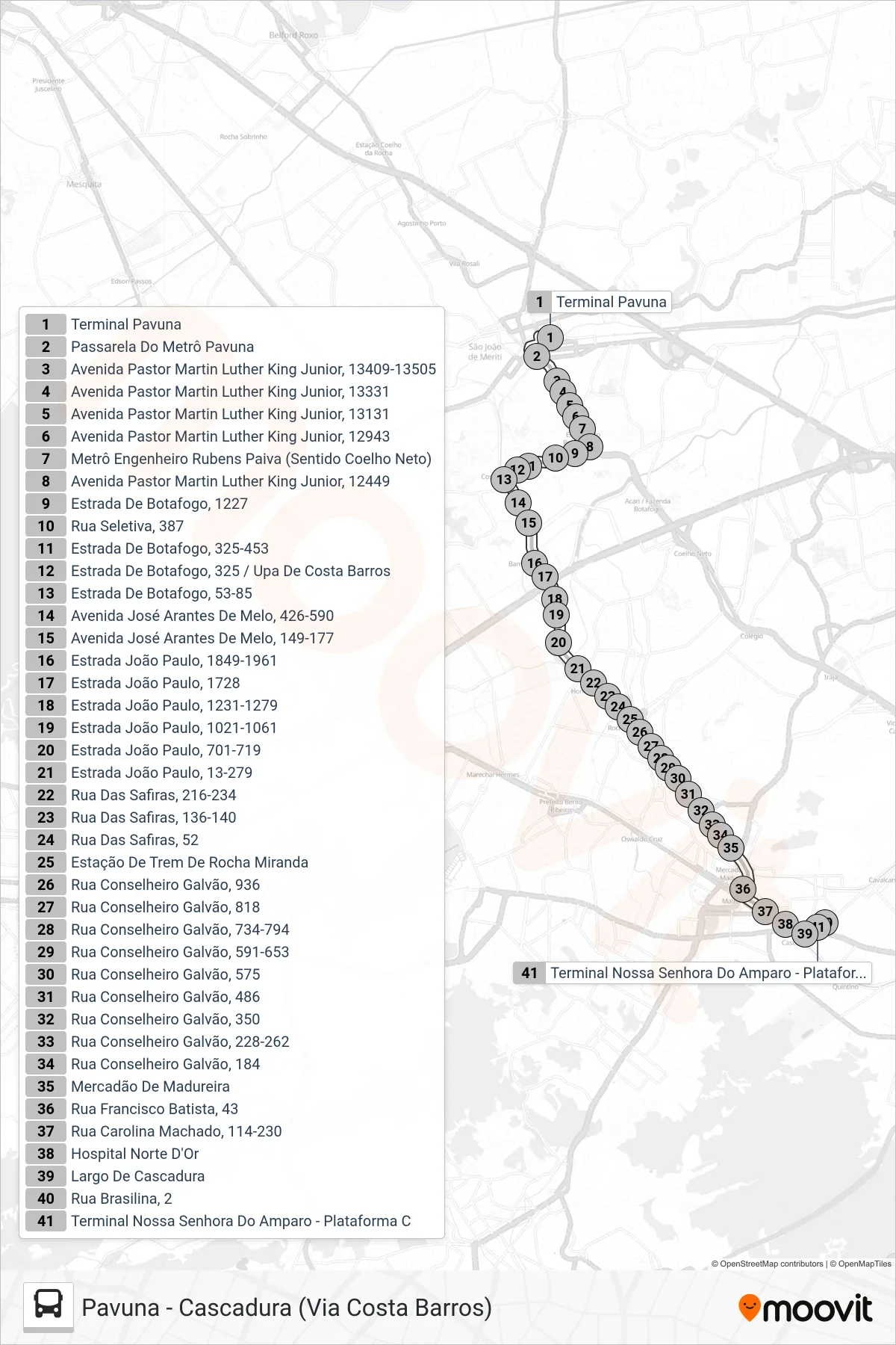 Rota e paradas da linha de ônibus  778  (Cascadura) no mapa