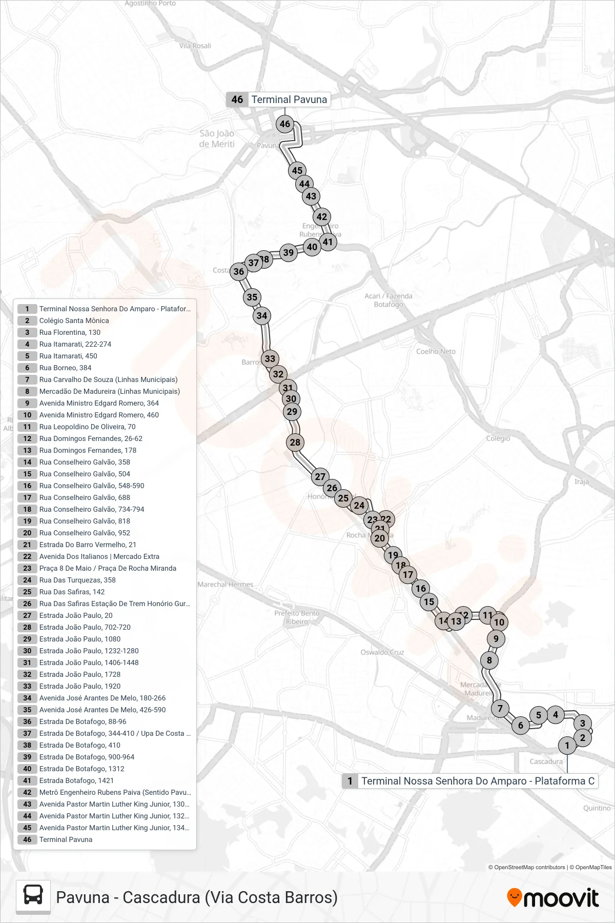 Rota e paradas da linha de ônibus 778 (Pavuna) no mapa