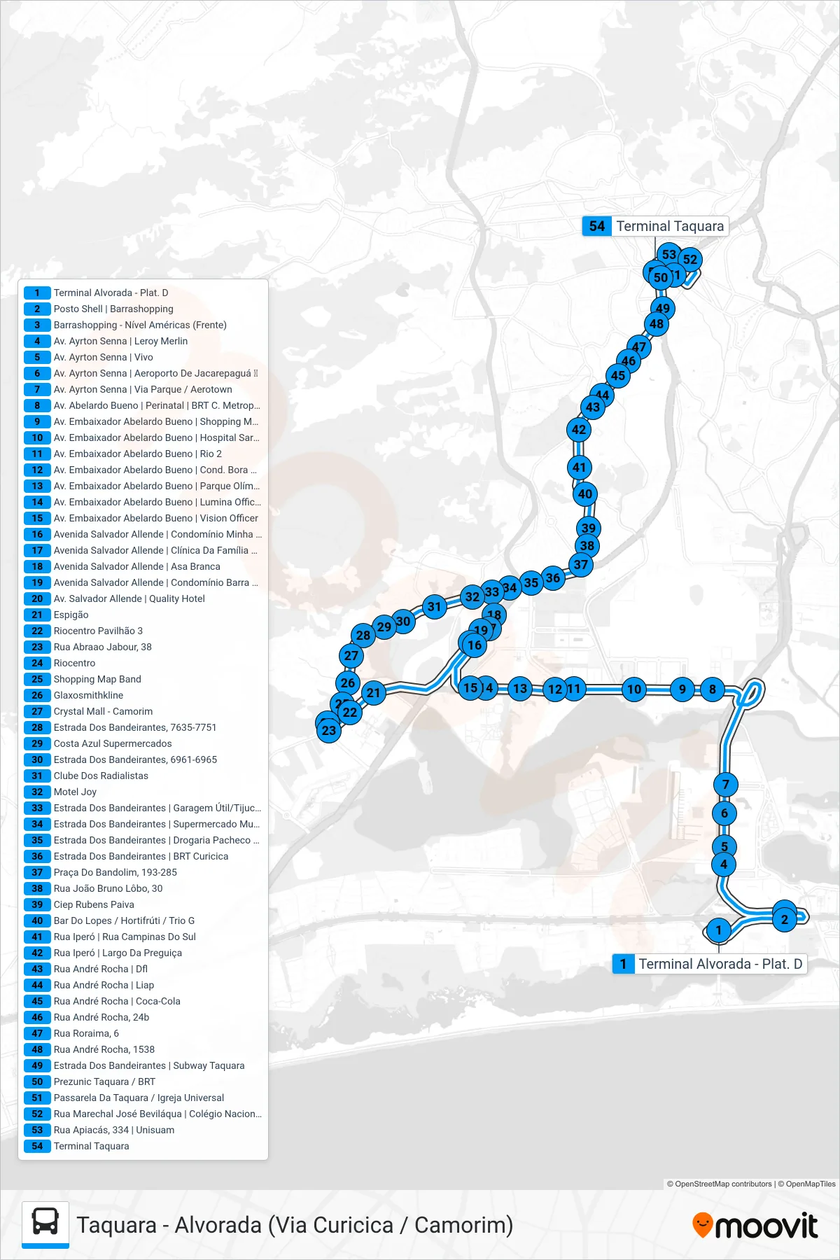881 bus Line (Taquara) route and stops on a map