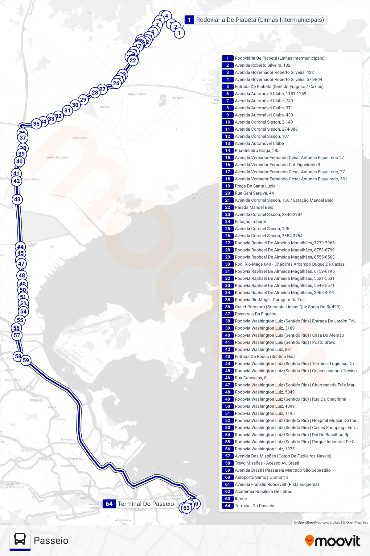 Rota e paradas da linha de ônibus 1461C (Passeio) no mapa