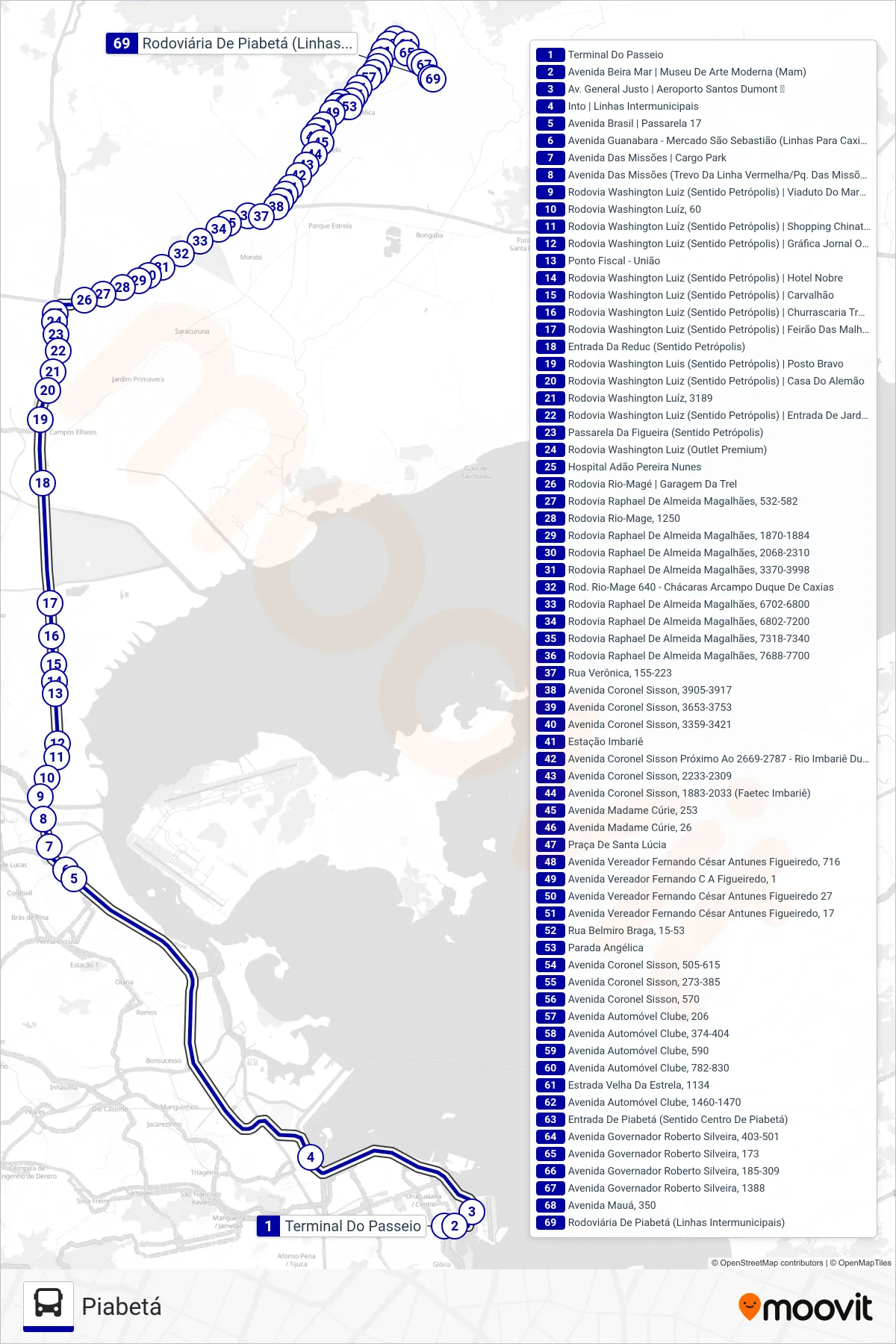 Rota e paradas da linha de ônibus 1461C (Piabetá) no mapa