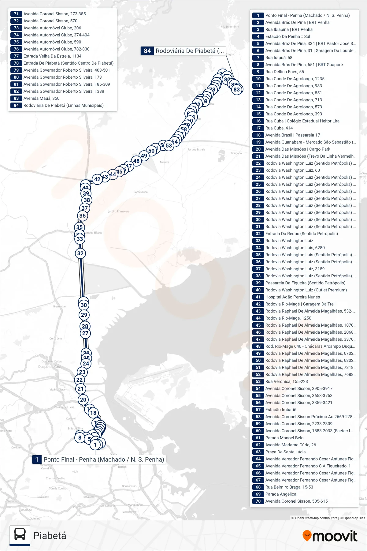 Rota e paradas da linha de ônibus  EXECUTIVO  (Piabetá) no mapa