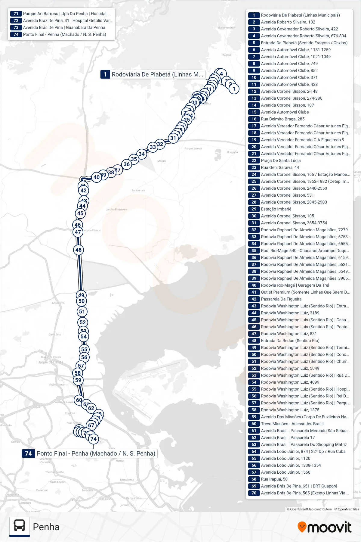 EXECUTIVO bus Line (Penha) route and stops on a map