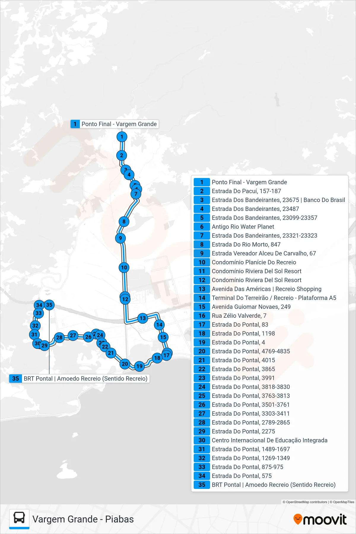 Rota e paradas da linha de ônibus  817  (Piabas) no mapa