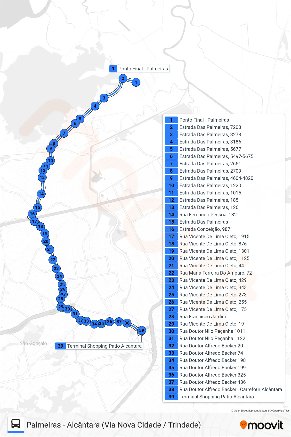Rota e paradas da linha de ônibus  55  (Alcântara) no mapa