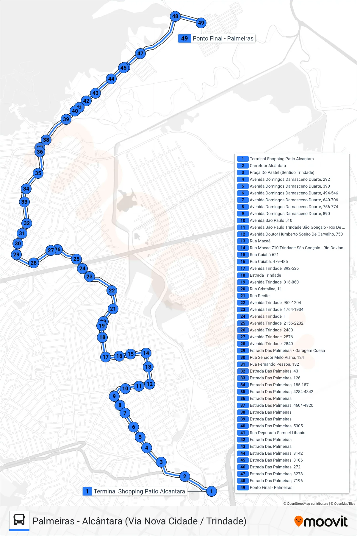 Rota e paradas da linha de ônibus 55 (Palmeiras (Via Trindade)) no mapa
