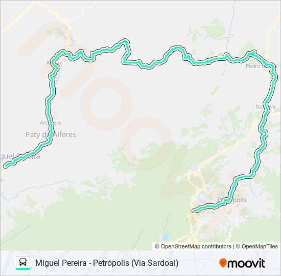 Mapa da linha MIGUEL PEREIRA - PETRÓPOLIS (VIA SARDOAL) de ônibus