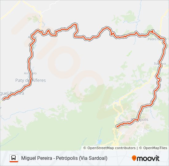 Mapa da linha MIGUEL PEREIRA - PETRÓPOLIS (VIA SARDOAL) de ônibus