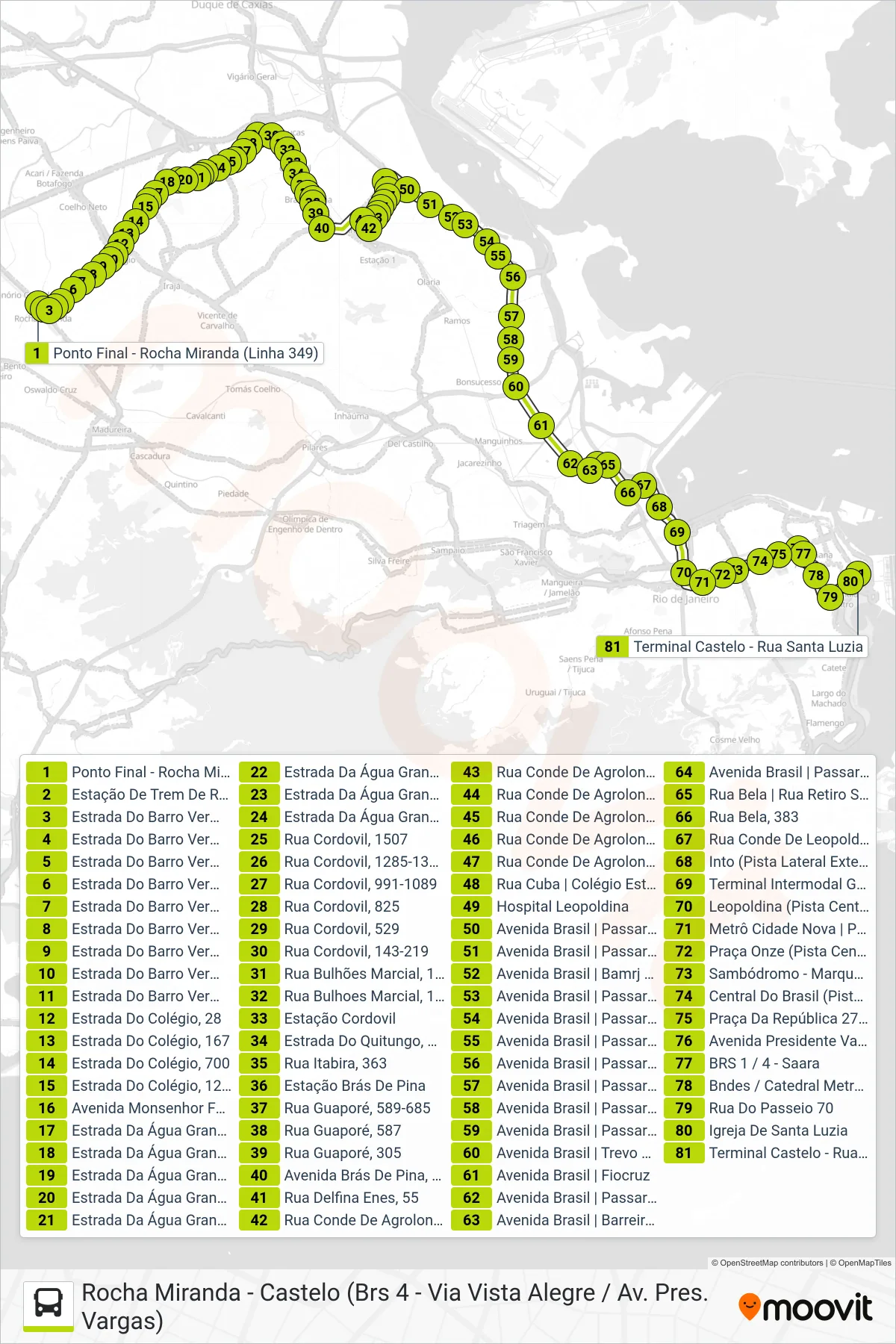 Rota e paradas da linha de ônibus 349 (Castelo) no mapa