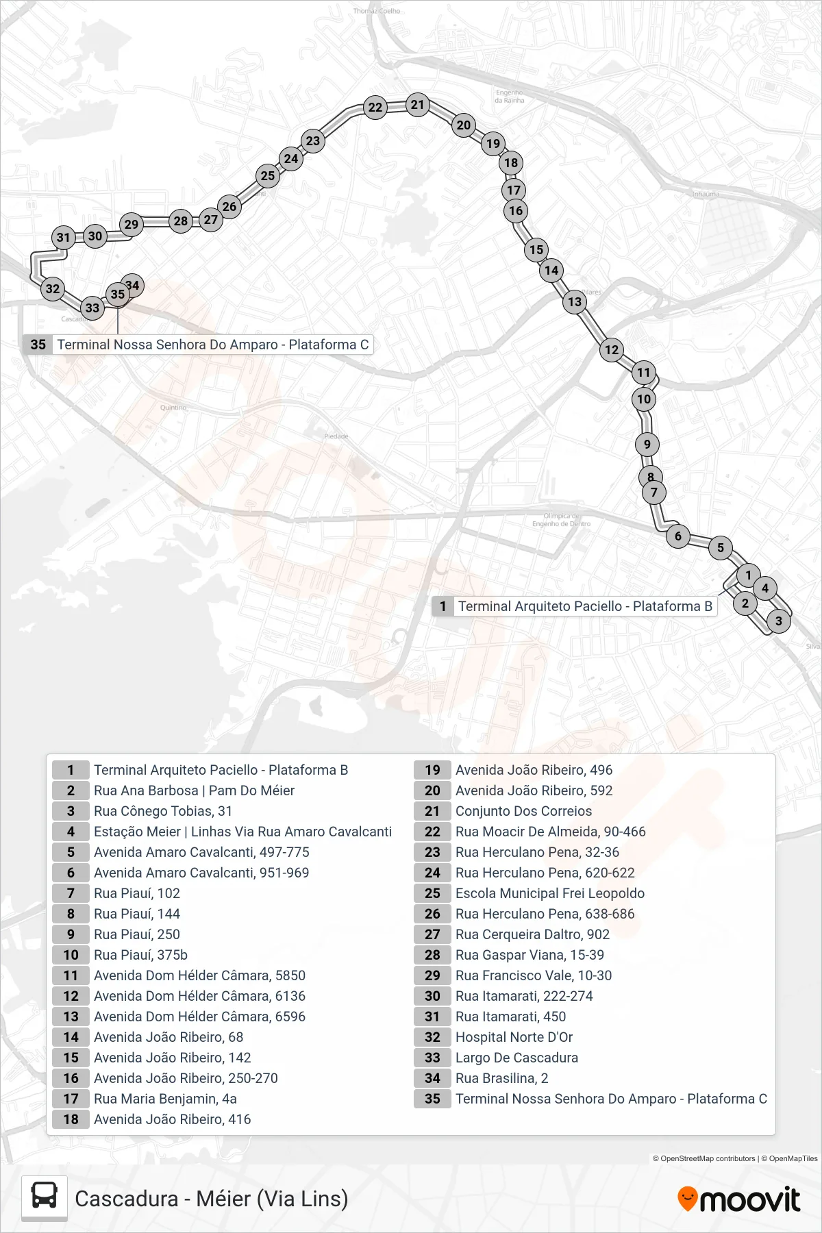Rota e paradas da linha de ônibus 651 (Cascadura) no mapa