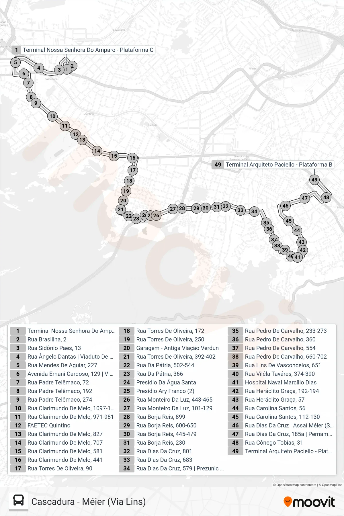 Rota e paradas da linha de ônibus 651 (Méier) no mapa