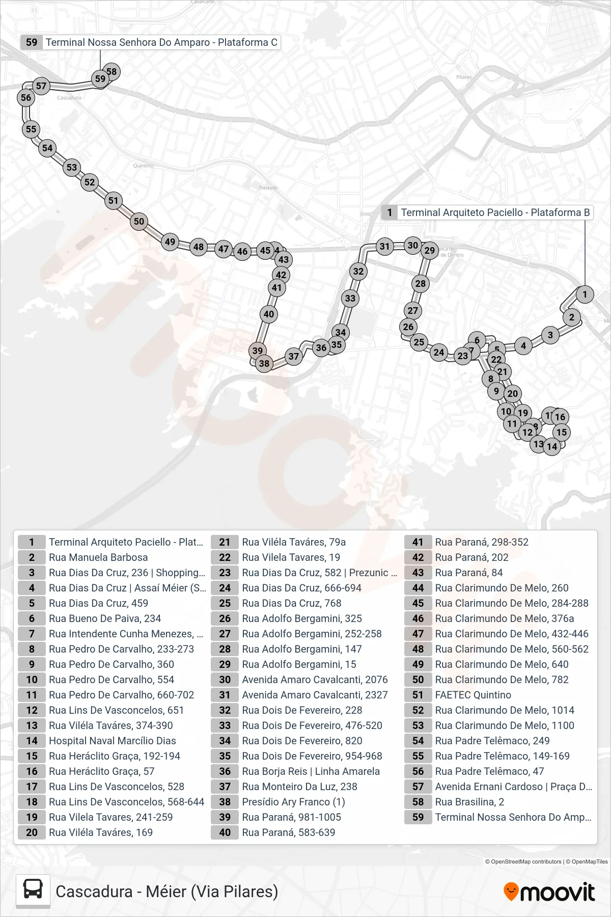 Rota e paradas da linha de ônibus 652 (Cascadura (Via Lins / Via Água Santa)) no mapa