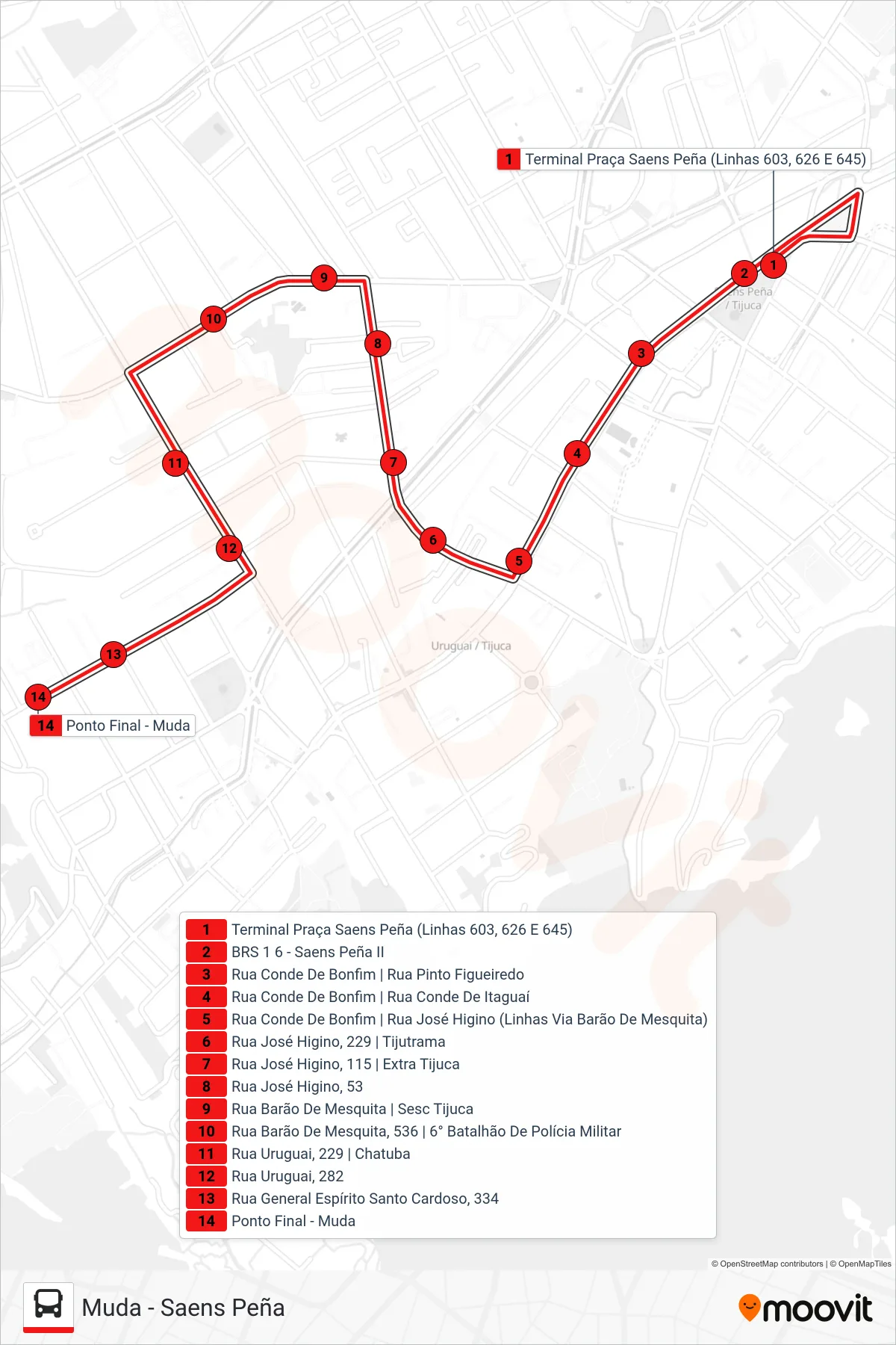 Rota e paradas da linha de ônibus 626 (Muda) no mapa