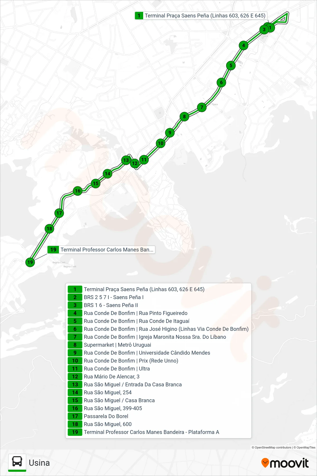 Rota e paradas da linha de ônibus 603 (Usina) no mapa