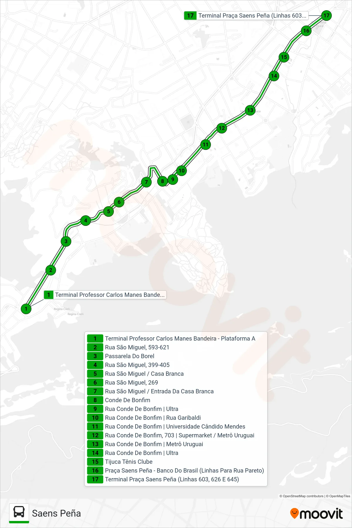 Rota e paradas da linha de ônibus 603 (Saens Peña) no mapa