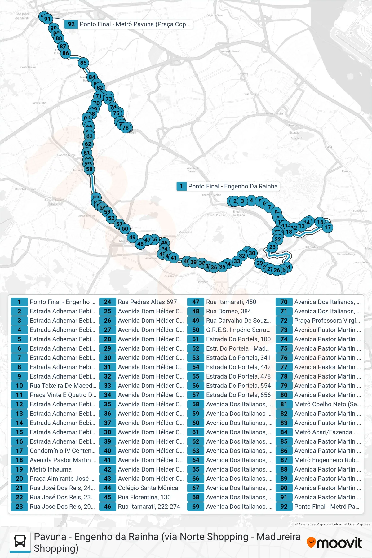 Rota e paradas da linha de ônibus 946 (Pavuna) no mapa