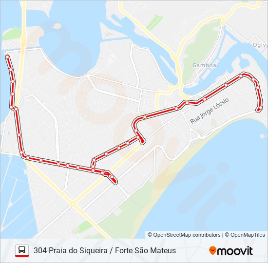 Mapa da linha 304 PRAIA DO SIQUEIRA / FORTE SÃO MATEUS de ônibus