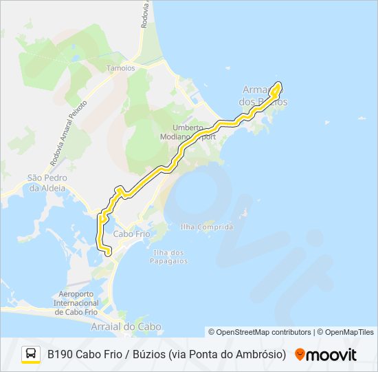 Mapa da linha B190 CABO FRIO / BÚZIOS (VIA PONTA DO AMBRÓSIO) de ônibus