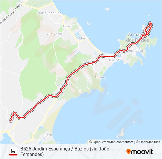 Mapa da linha B525 JARDIM ESPERANÇA / BÚZIOS (VIA JOÃO FERNANDES) de ônibus