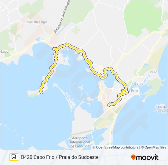 Mapa da linha B420 CABO FRIO / PRAIA DO SUDOESTE de ônibus