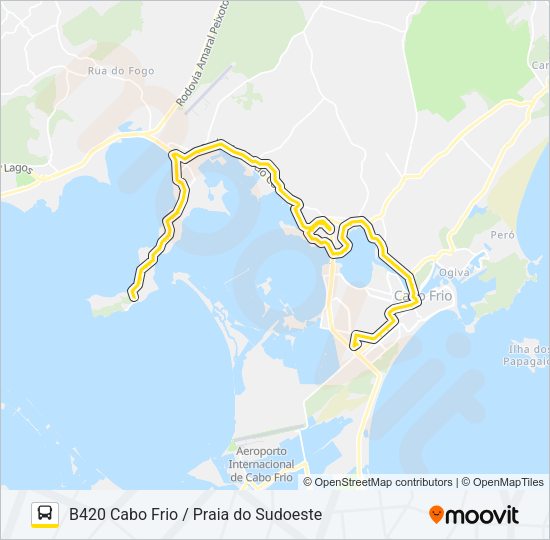 Mapa da linha B420 CABO FRIO / PRAIA DO SUDOESTE de ônibus