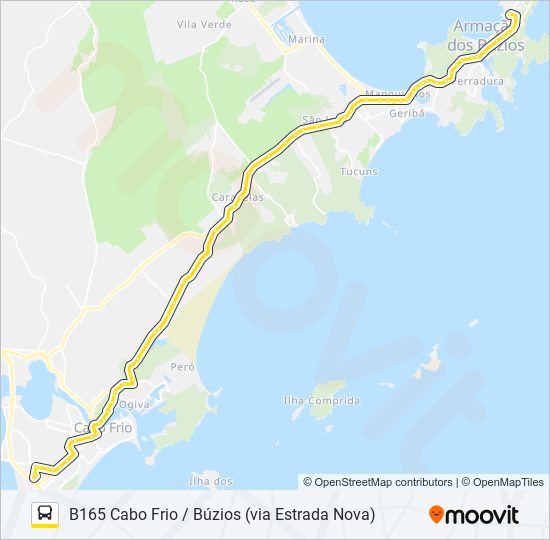 Mapa da linha B165 CABO FRIO / BÚZIOS (VIA ESTRADA NOVA) de ônibus