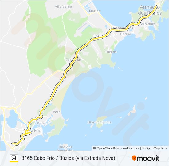 Mapa da linha B165 CABO FRIO / BÚZIOS (VIA ESTRADA NOVA) de ônibus