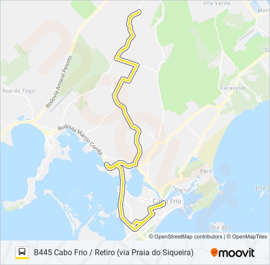 Mapa da linha B445 CABO FRIO / RETIRO (VIA PRAIA DO SIQUEIRA) de ônibus