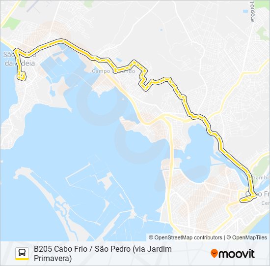 Mapa da linha B205 CABO FRIO / SÃO PEDRO (VIA JARDIM PRIMAVERA) de ônibus