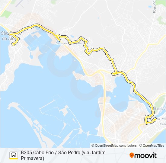 Mapa de B205 CABO FRIO / SÃO PEDRO (VIA JARDIM PRIMAVERA) de autobús