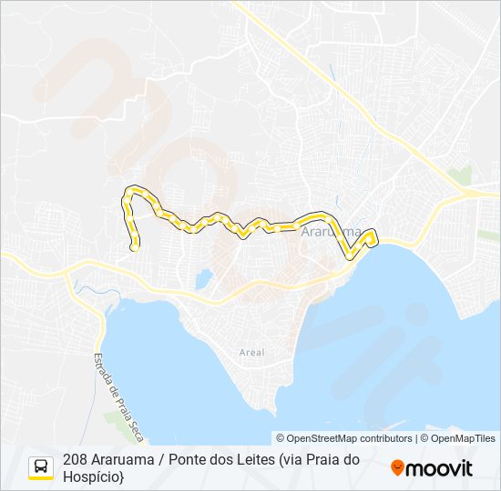 Mapa de 208 ARARUAMA / PONTE DOS LEITES (VIA PRAIA DO HOSPÍCIO} de autobús