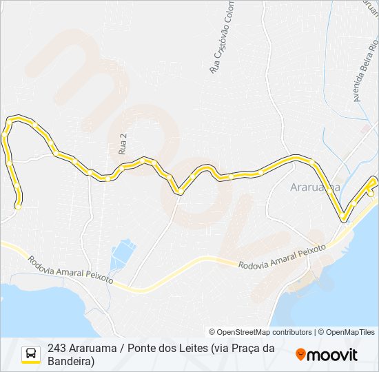 Mapa da linha 243 ARARUAMA / PONTE DOS LEITES (VIA PRAÇA DA BANDEIRA) de ônibus