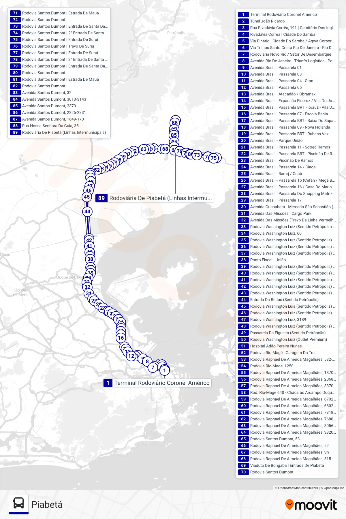 Rota e paradas da linha de ônibus 462C (Piabetá) no mapa