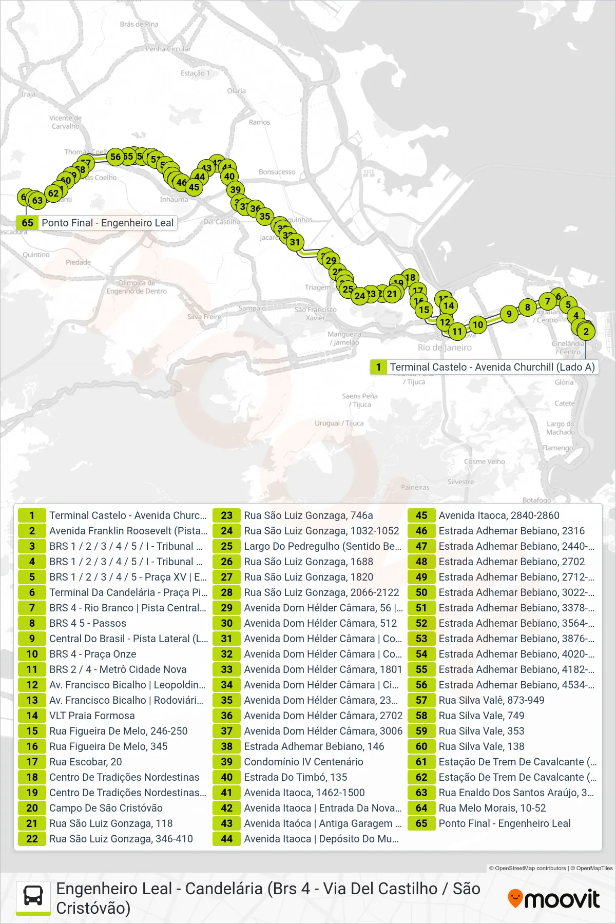 Rota e paradas da linha de ônibus 311 (Engenheiro Leal) no mapa