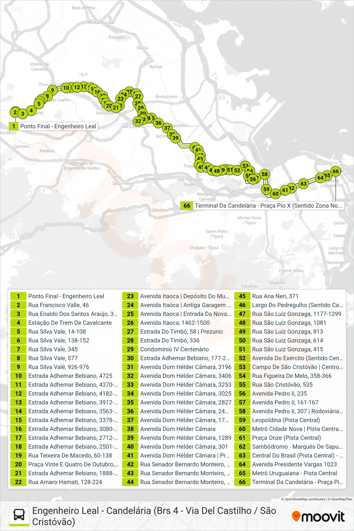 Rota e paradas da linha de ônibus 311 (Candelária) no mapa