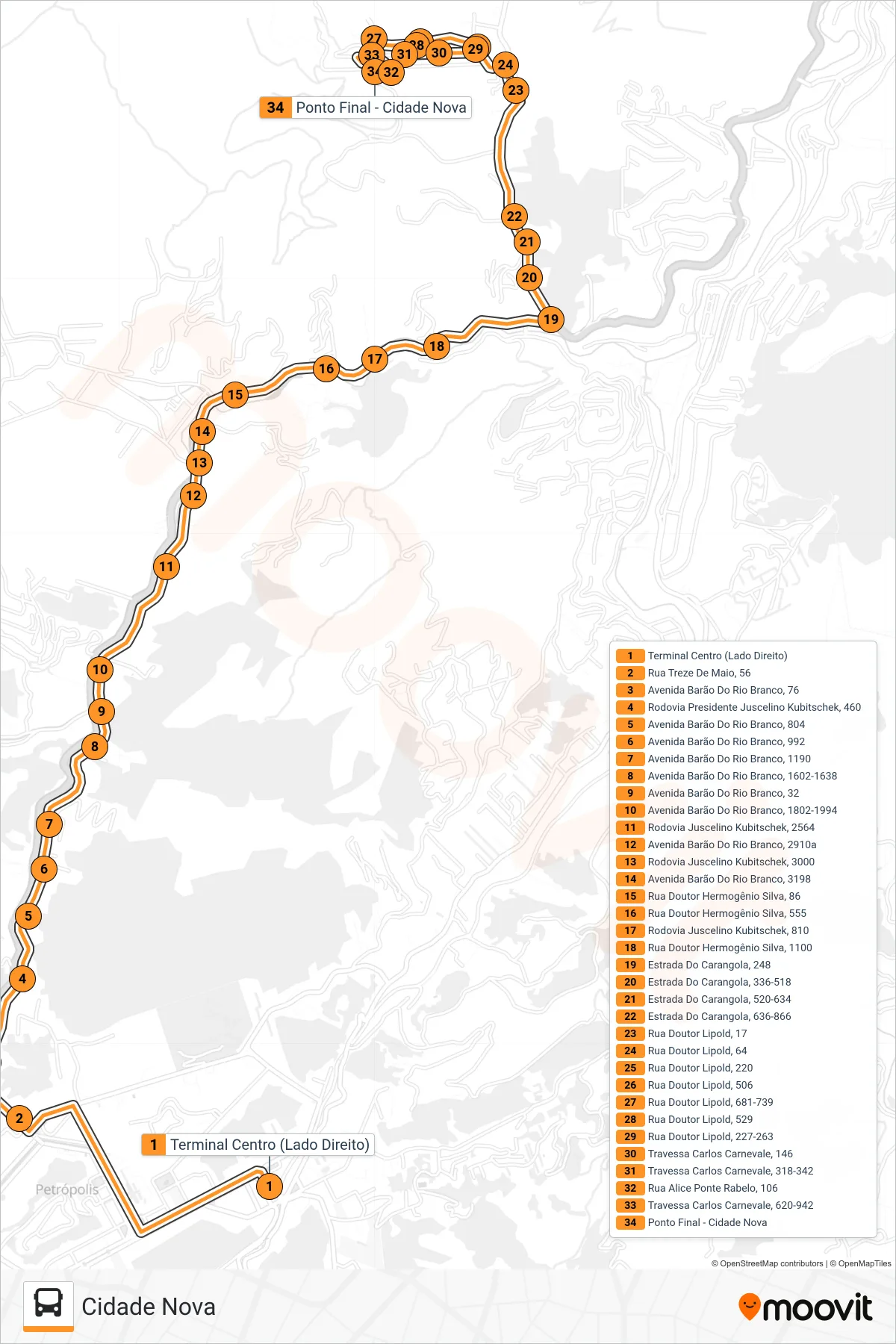 Rota e paradas da linha de ônibus 503 (Cidade Nova) no mapa