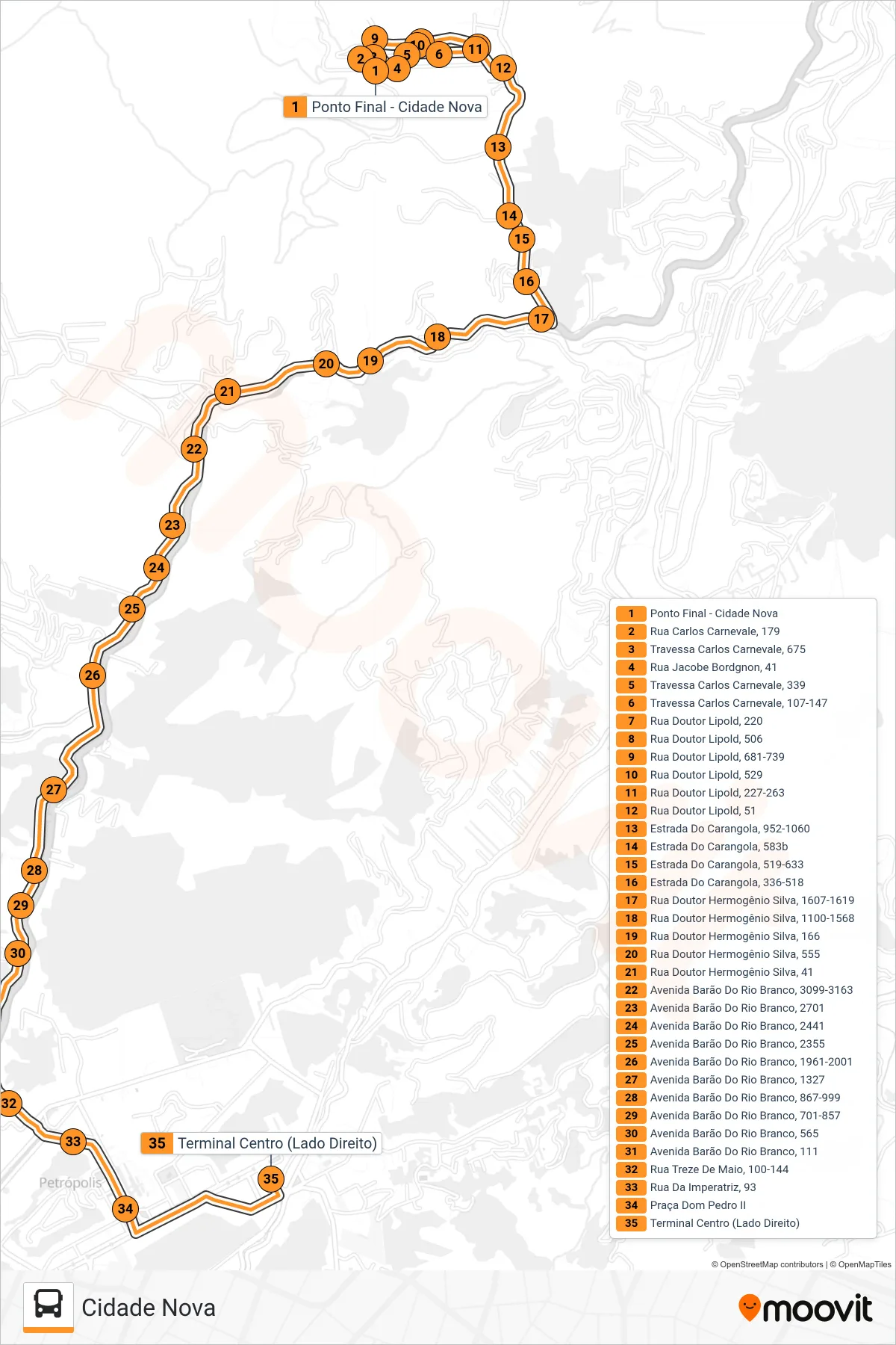Rota e paradas da linha de ônibus 503 (Centro) no mapa