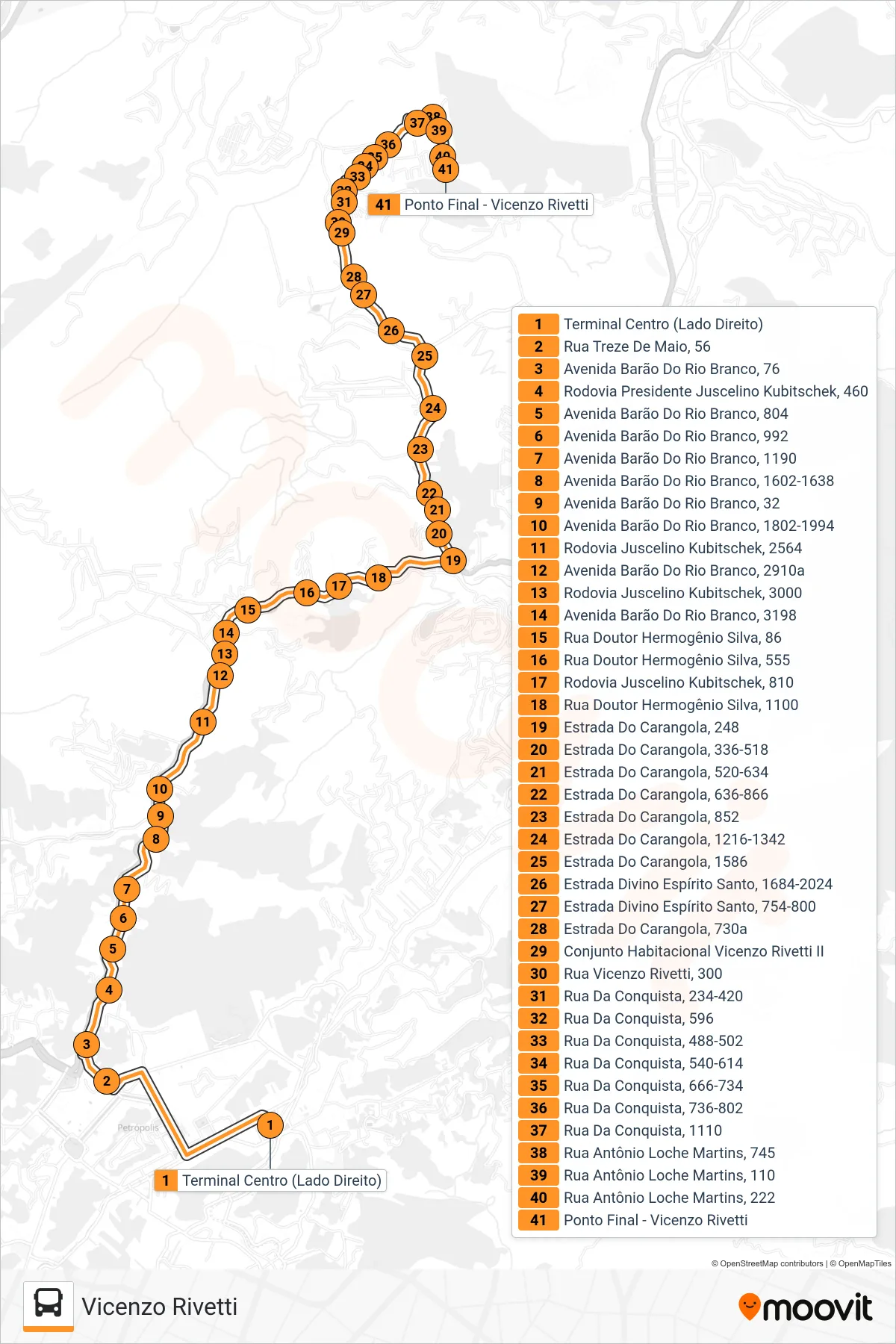 Rota e paradas da linha de ônibus 504 (Vicenzo Rivetti) no mapa