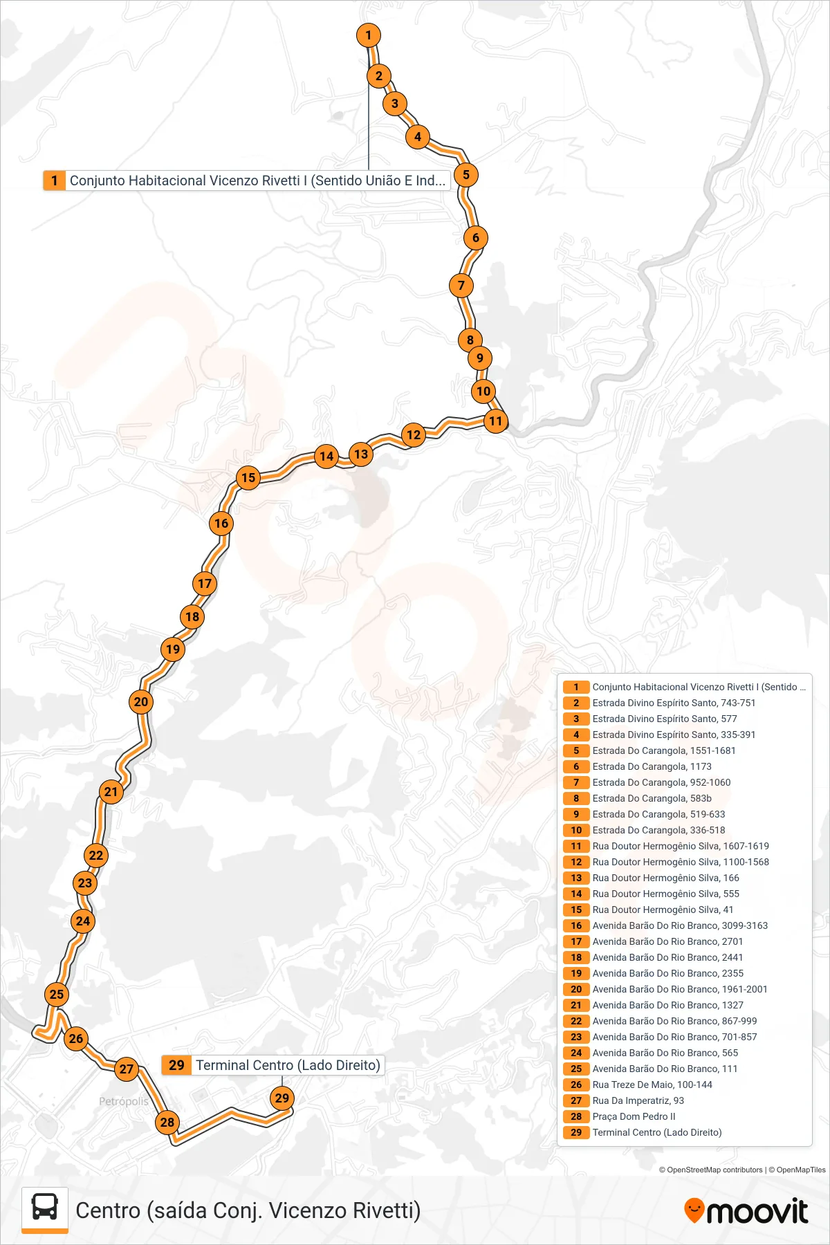 Rota e paradas da linha de ônibus 504 (Centro (saída Conj. Vicenzo Rivetti)) no mapa