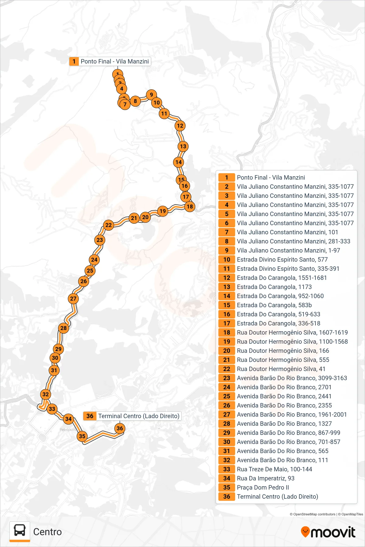 Rota e paradas da linha de ônibus 505 (Centro) no mapa