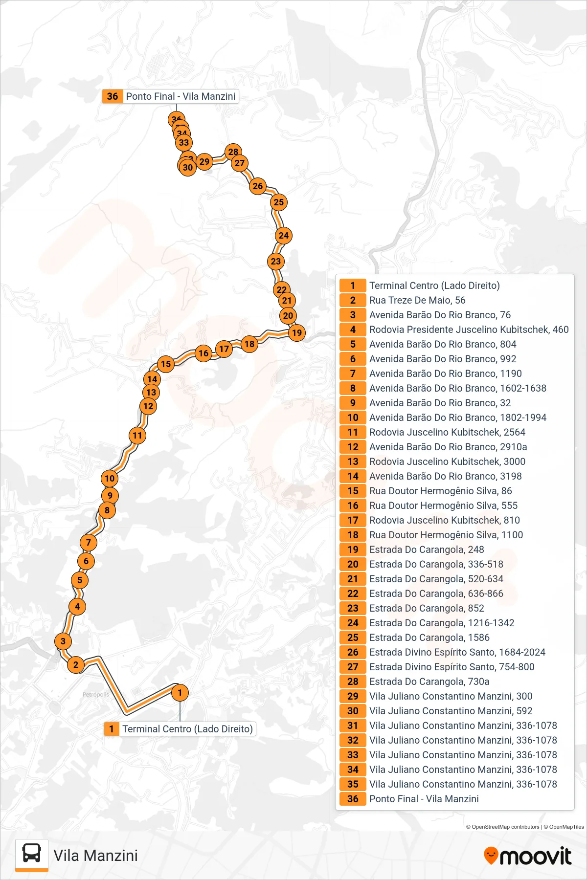 Rota e paradas da linha de ônibus 505 (Vila Manzini) no mapa