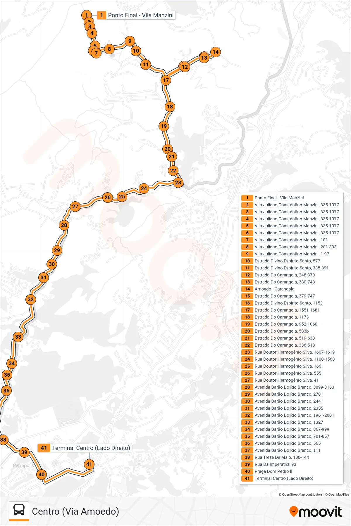 Rota e paradas da linha de ônibus 505 (Centro (Via Amoedo)) no mapa