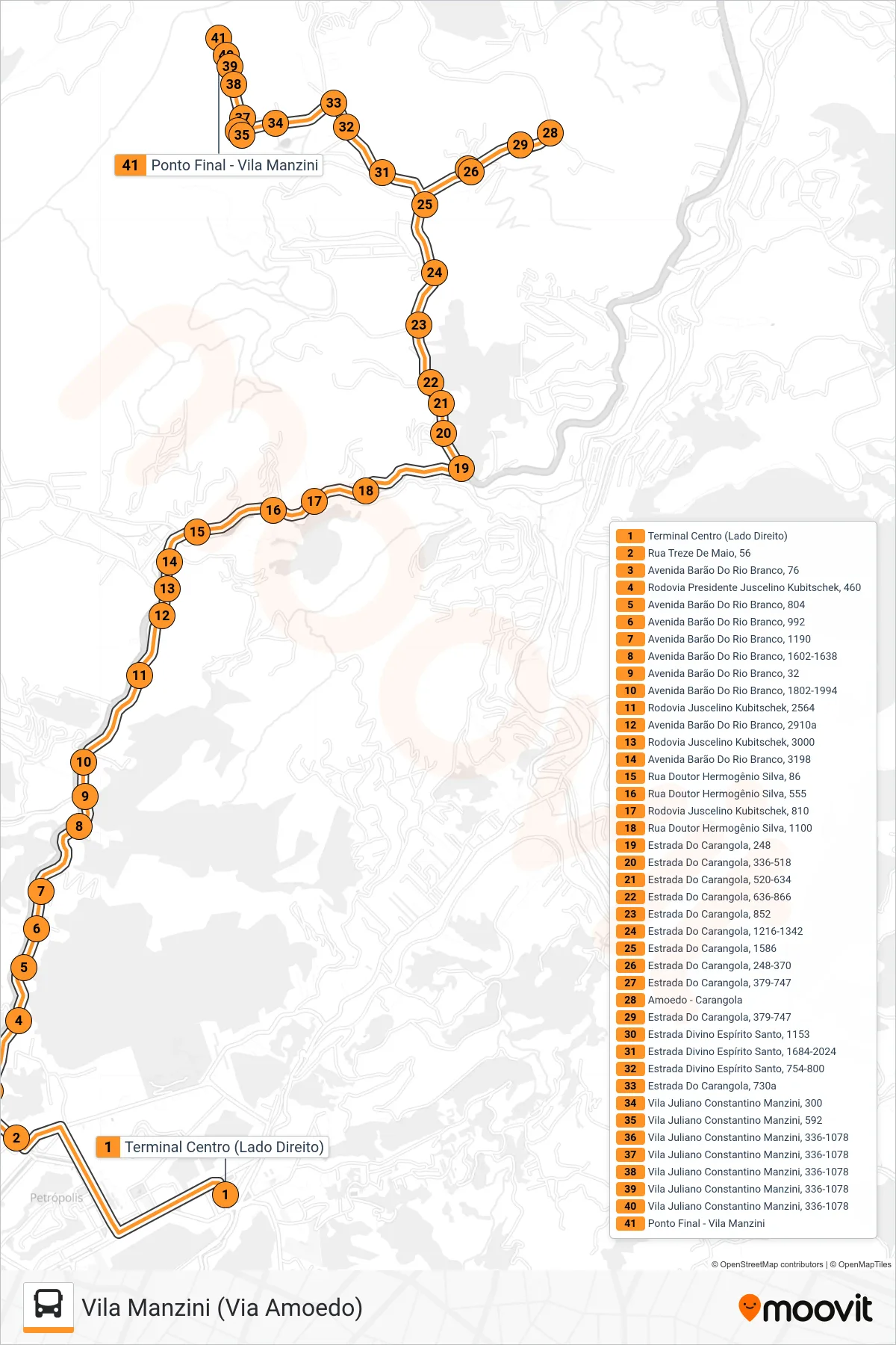 Rota e paradas da linha de ônibus 505 (Vila Manzini (Via Amoedo)) no mapa