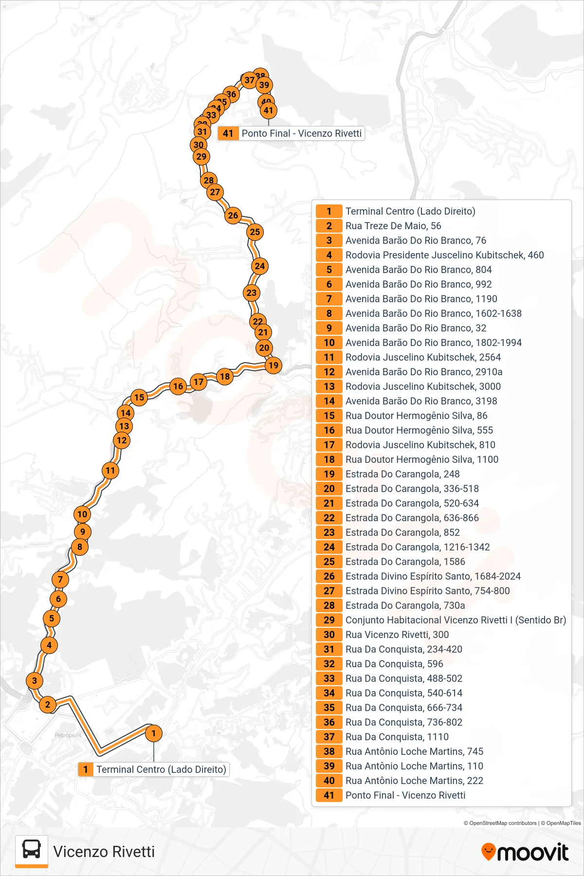 Rota e paradas da linha de ônibus 506 (Vicenzo Rivetti) no mapa