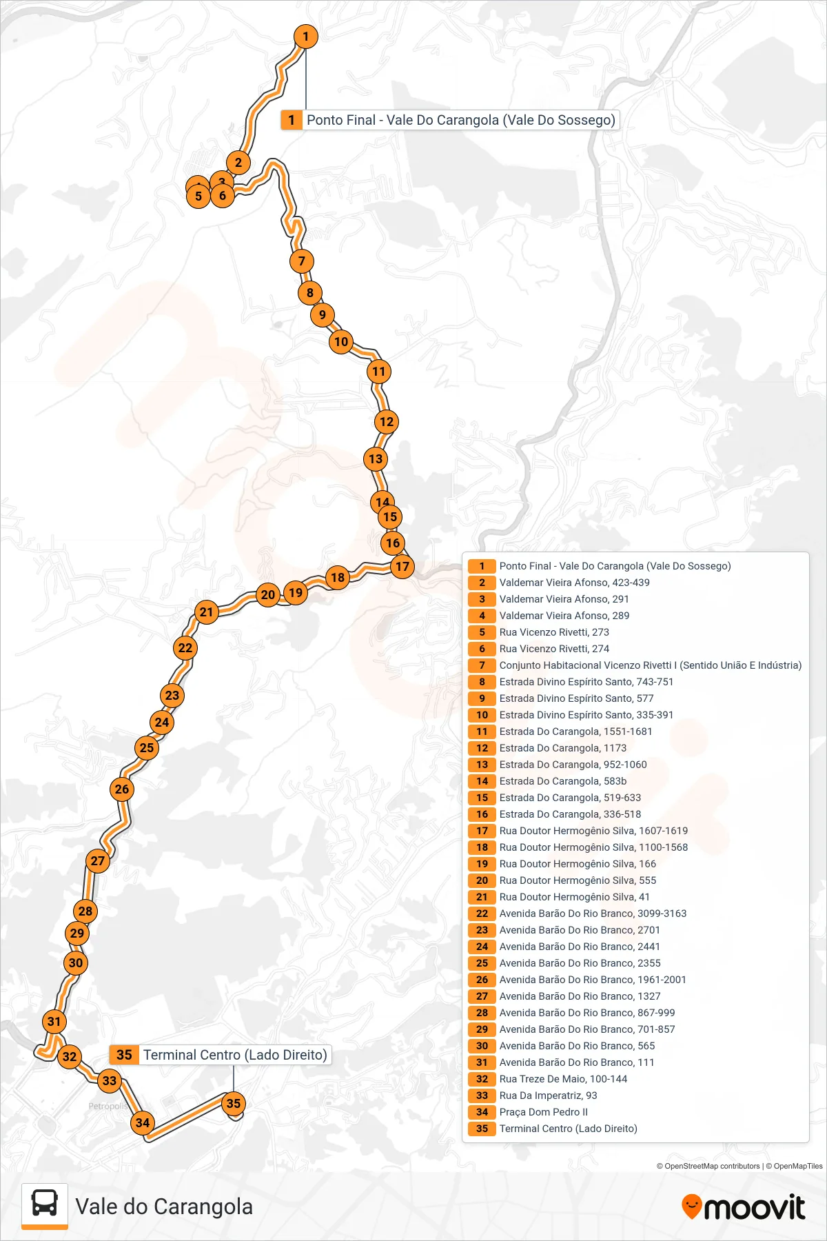 Rota e paradas da linha de ônibus 519 (Centro (Saída Do Vale Do Sossego)) no mapa