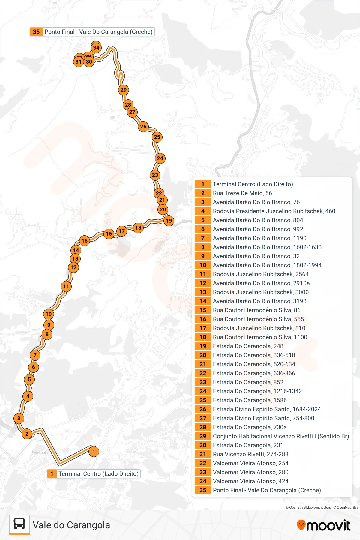 Rota e paradas da linha de ônibus 519 (Vale Do Carangola (Creche) (Via Rua Alberto Torres)) no mapa