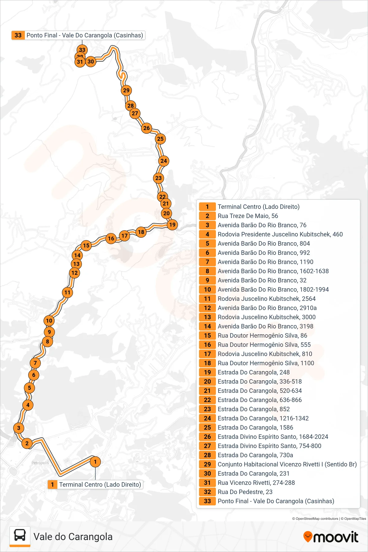 519 bus Line (Vale Do Carangola (Casinhas) (Via Rua Alberto Torres)) route and stops on a map