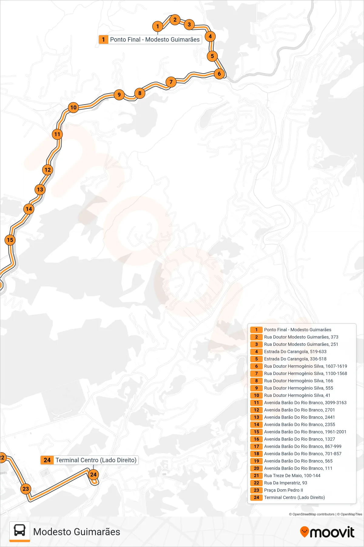 Rota e paradas da linha de ônibus 526 (Centro) no mapa