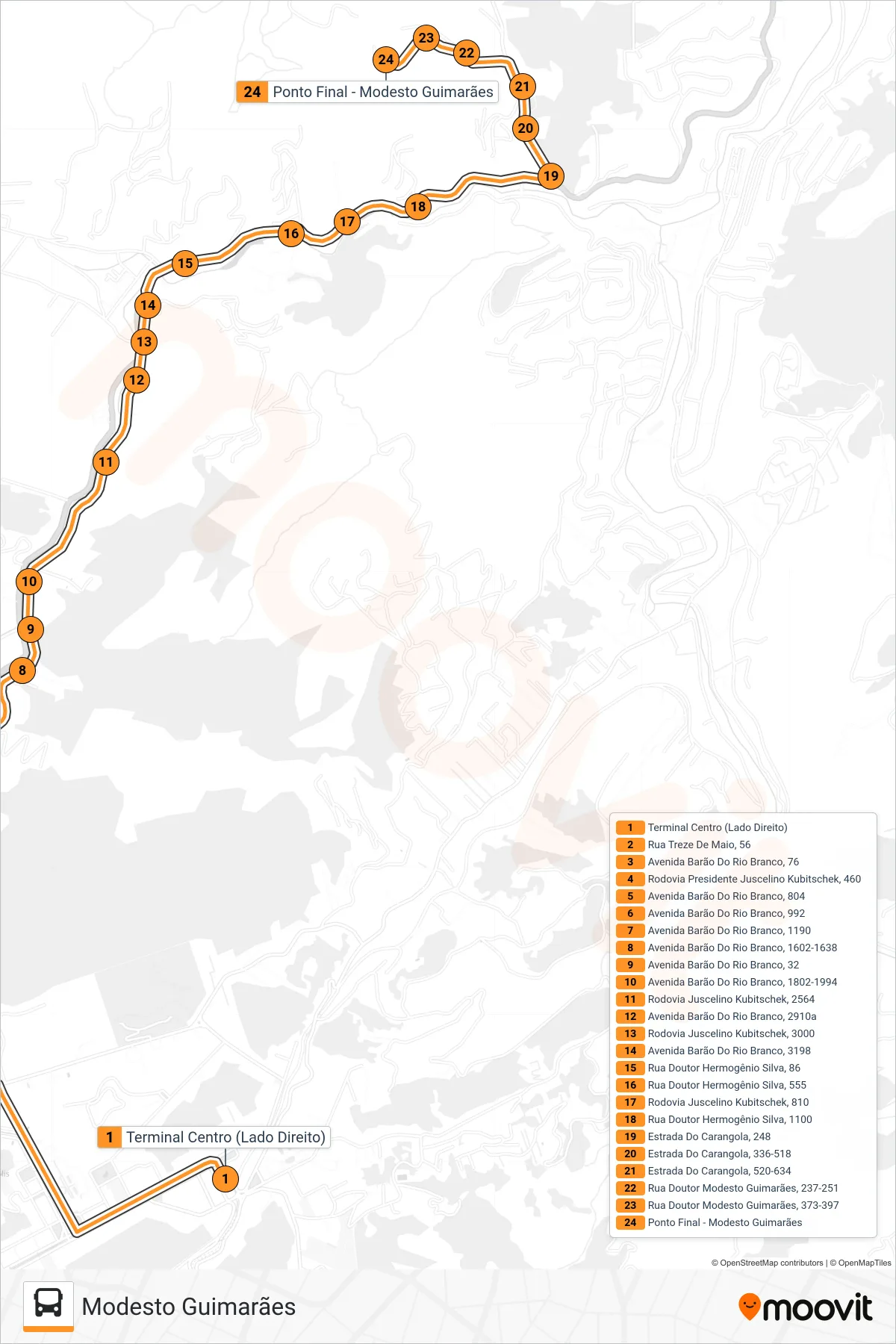 Rota e paradas da linha de ônibus 526 (Modesto Guimarães) no mapa