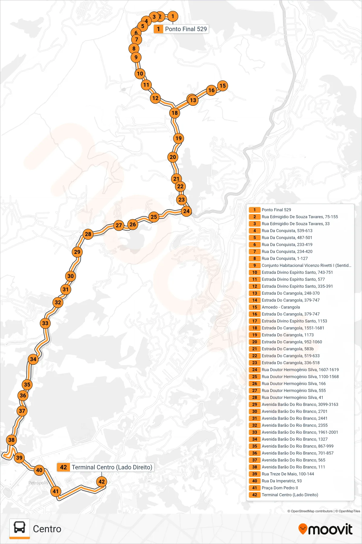 Rota e paradas da linha de ônibus 529 (Centro) no mapa